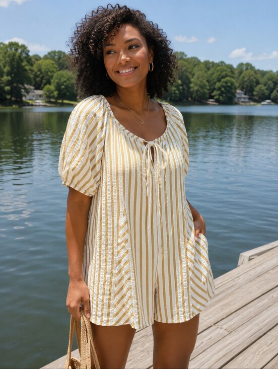 Other - Boutique White and Mustard Striped Peasant Romper